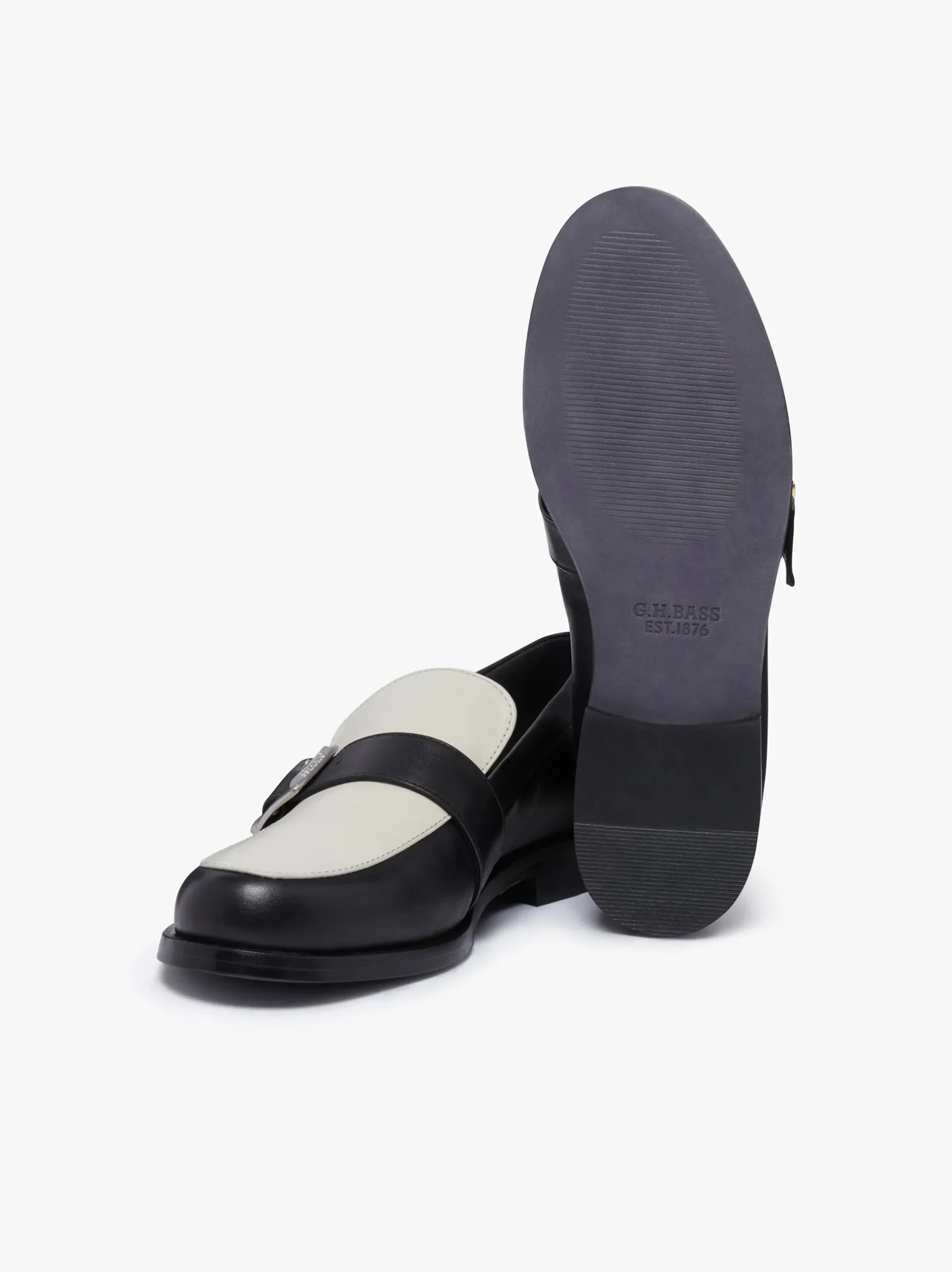 Discount G.H.BASS Monty Buckle Loafers Black and Off White Leather Black & White