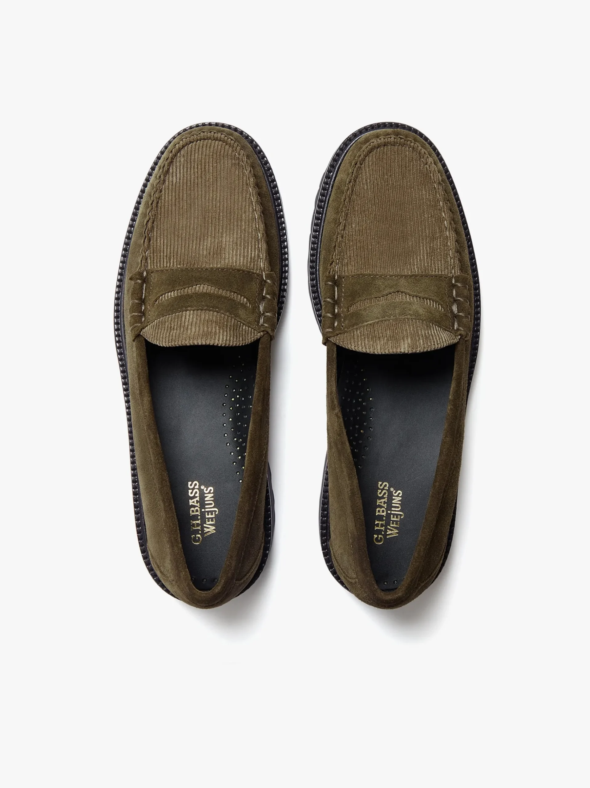 Online G.H.BASS Weejuns Larson Lug Penny Loafers Combat Suede and Olive Corduroy