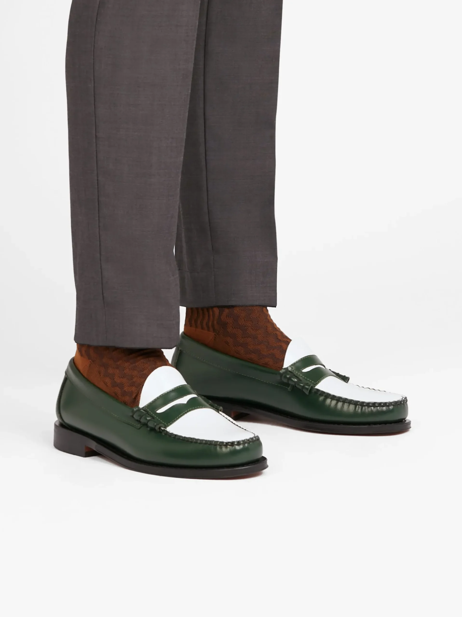 Discount G.H.BASS Weejuns Larson Penny Loafers Leather Green & White