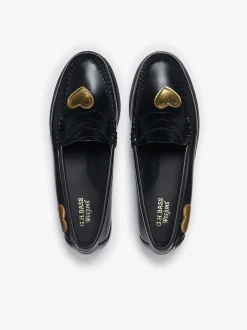 Outlet G.H.BASS Weejuns Penny Love Loafers Black Leather Black & Gold