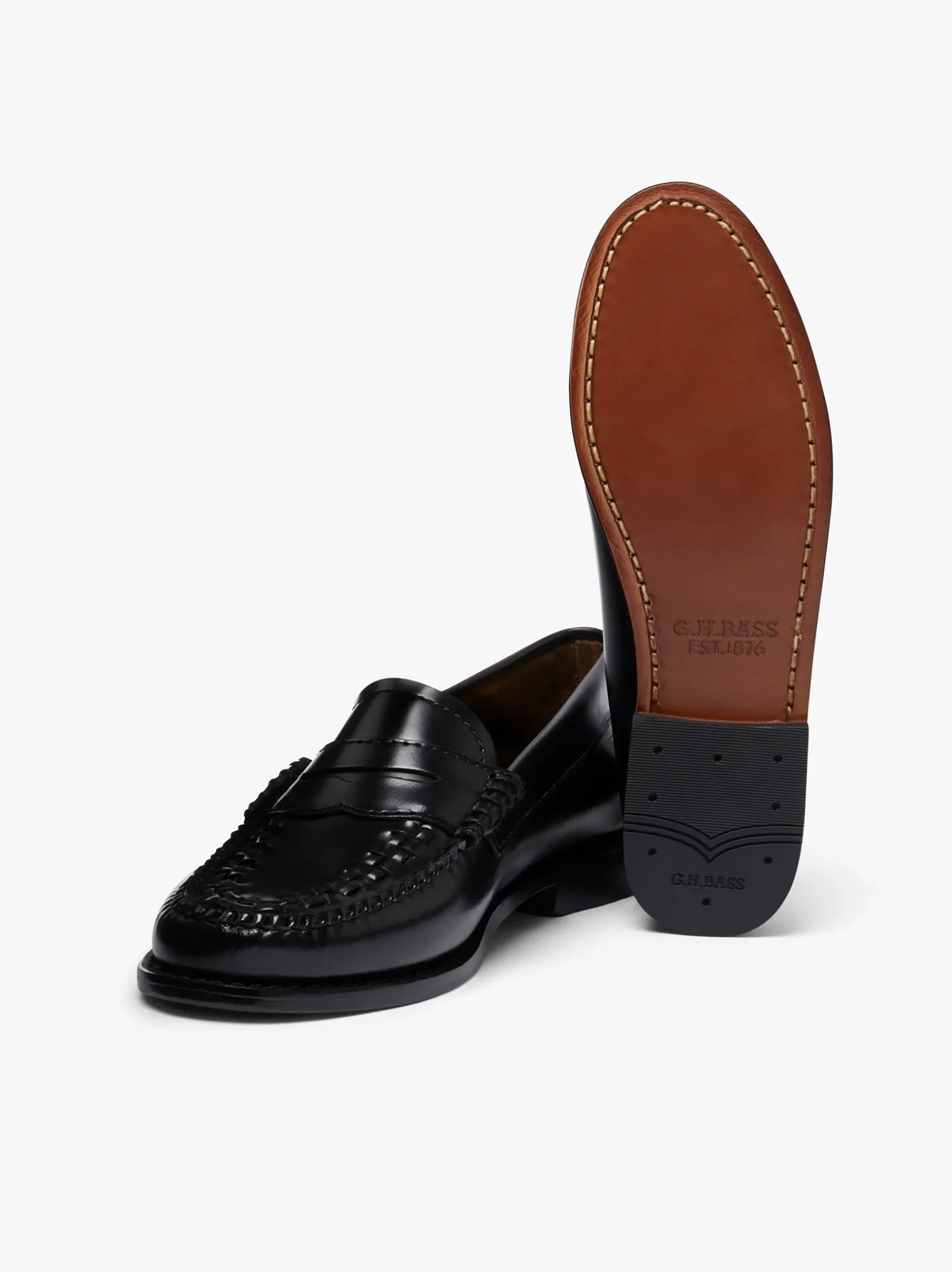 Hot G.H.BASS Weejuns Penny Weave Loafers Black Leather Black with White Check